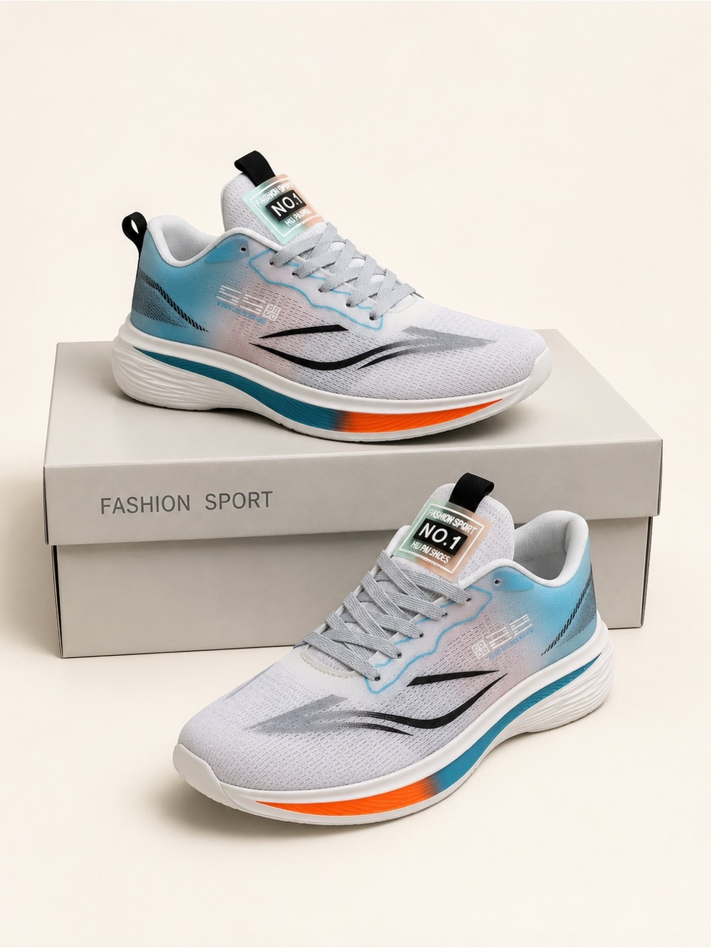 Lightweight Men's Athletic Running Shoes - White Blue Orange